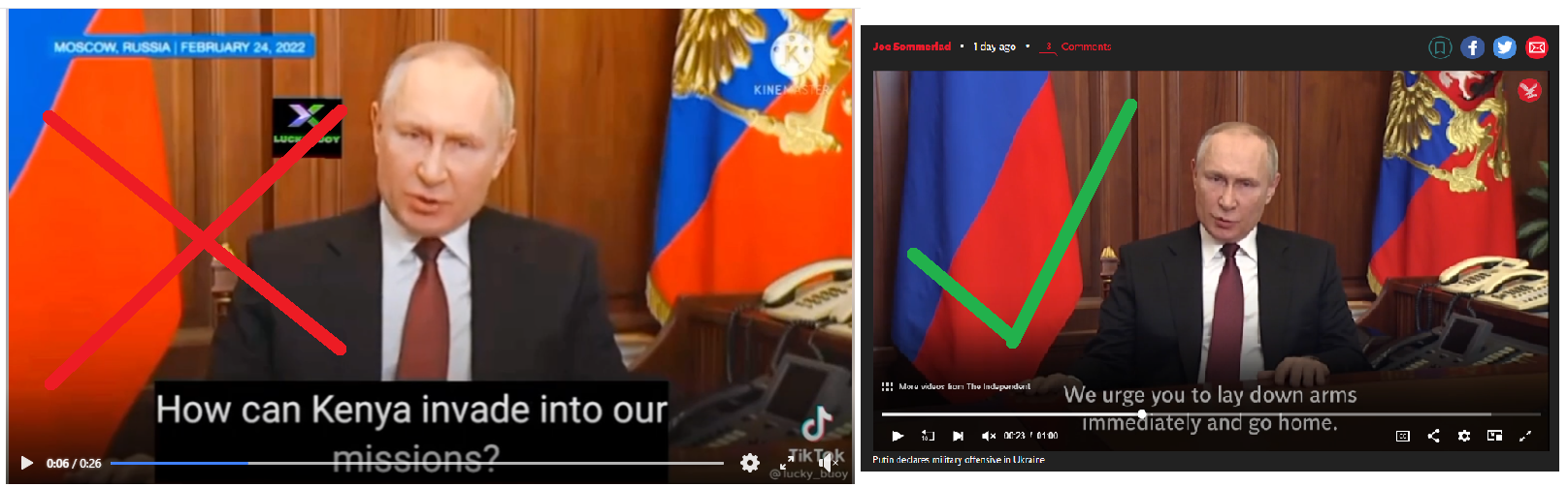 Vasemmalla kuva Putinin virheellisestä sanomasta Keniasta ja oikealla oikea versio.