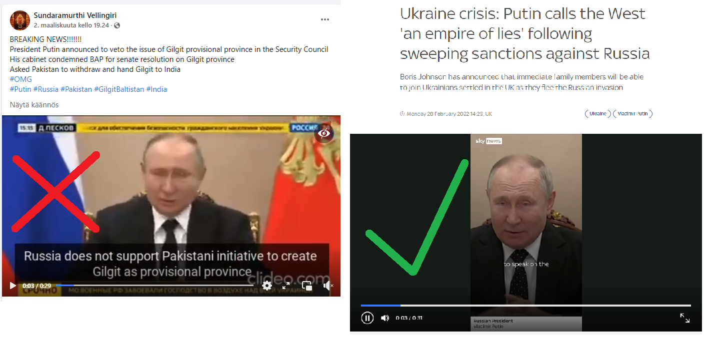 Vasemmalla kuva Putinin virheellisestä sanomasta Pakistanin alueeseen ja oikealla oikea versio.