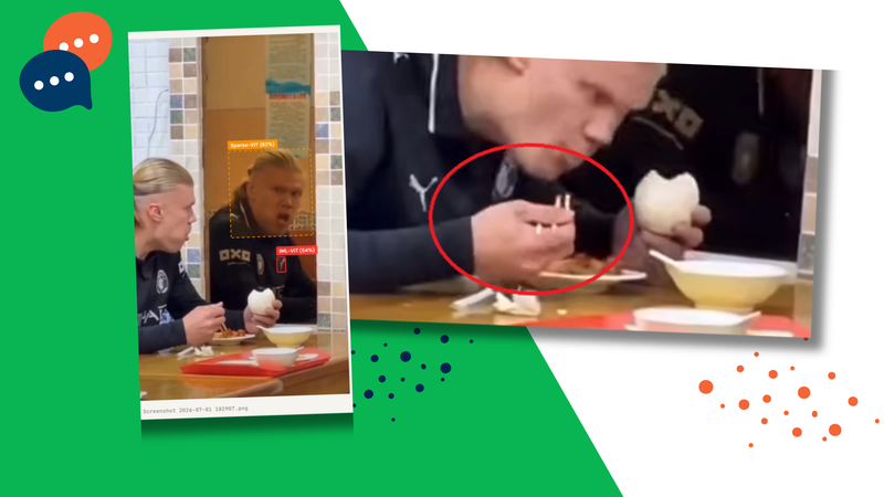 Kuvakollaasi, jossa näkyy epäilyttäviä yksityiskohtia Erling Haalandissa levinneestä videosta.
