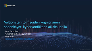 Juha Karppisen verkkoluennon ensimmäinen otsikko dia Valtiollisten toimijoiden kognitiivinen sodankäynti kyberkonfliktien aikakaudella