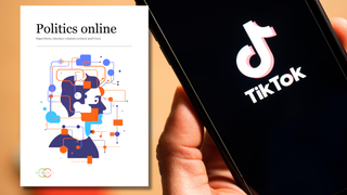 Tiktokin logo puhelimessa sekä Politics Online -raportin kansi